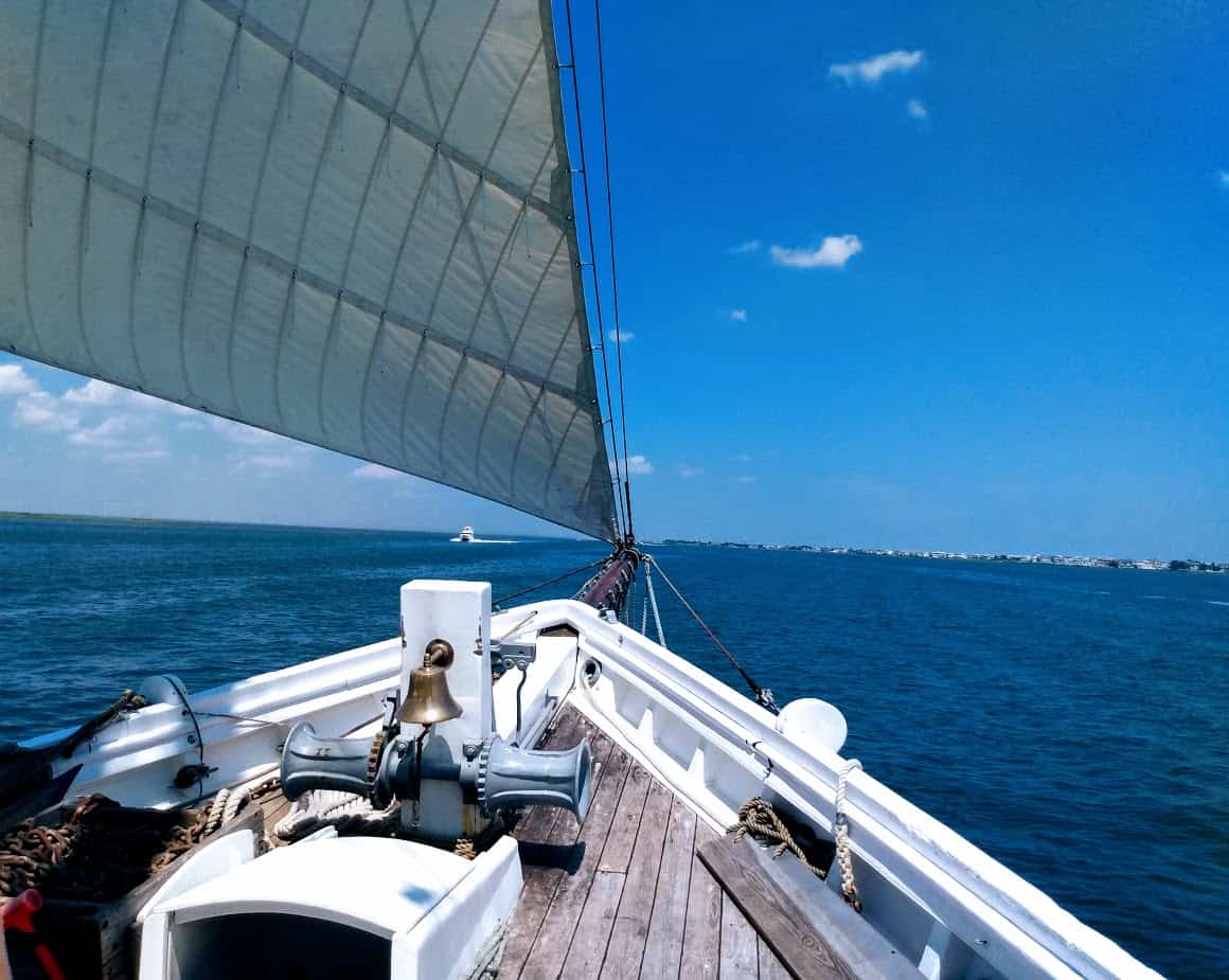 Bow of the A.J. Meerwald under sail. Little Egg Harbor, NJ